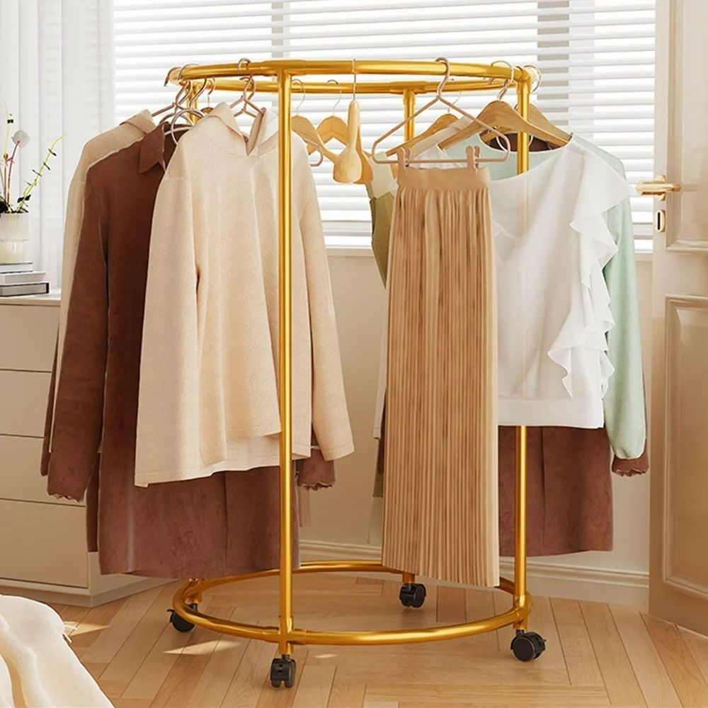 Round Garment Rack – Freestanding Metal Clothing Display with Wheels, Rotating Spiral Dress Rack for Retail & Home - Gold Color - Medaid International