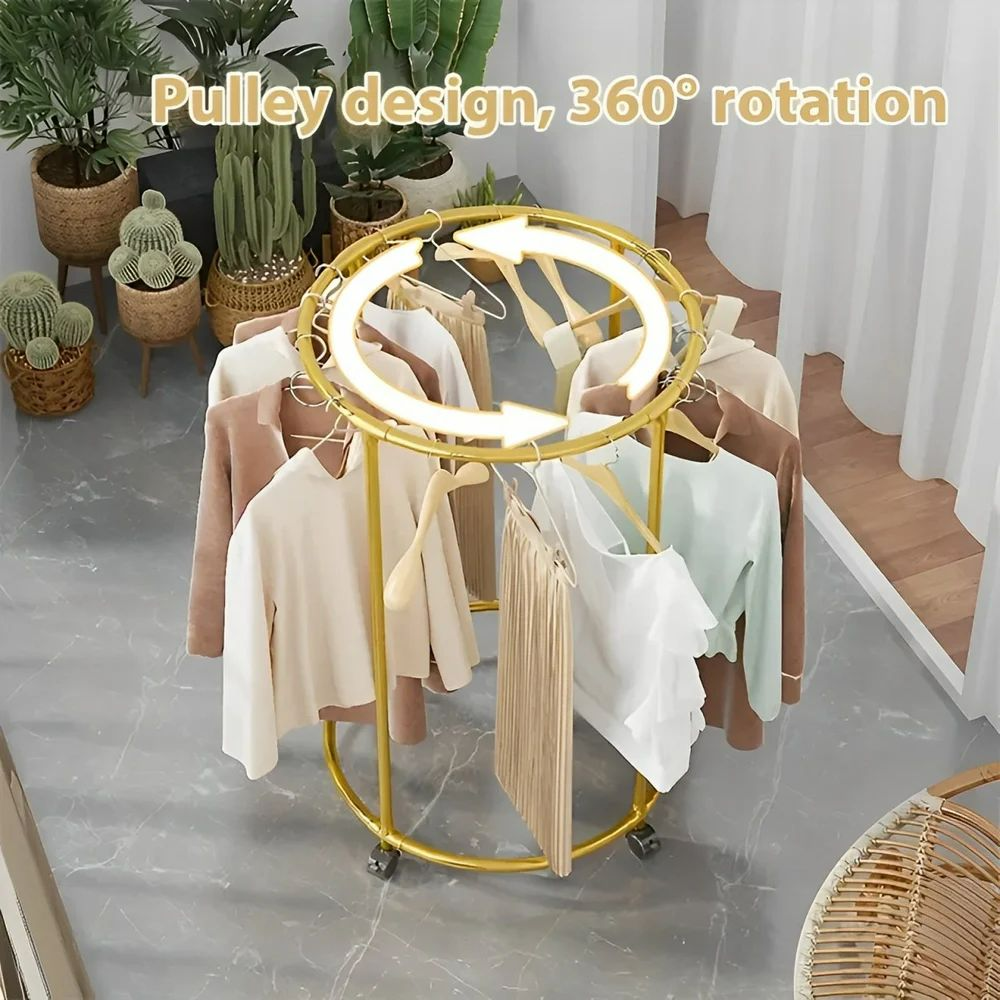 Round Garment Rack – Freestanding Metal Clothing Display with Wheels, Rotating Spiral Dress Rack for Retail & Home - Gold Color - Medaid International