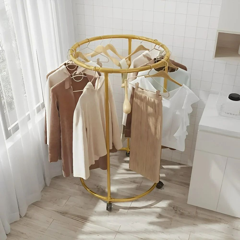Round Garment Rack – Freestanding Metal Clothing Display with Wheels, Rotating Spiral Dress Rack for Retail & Home - Gold Color - Medaid International
