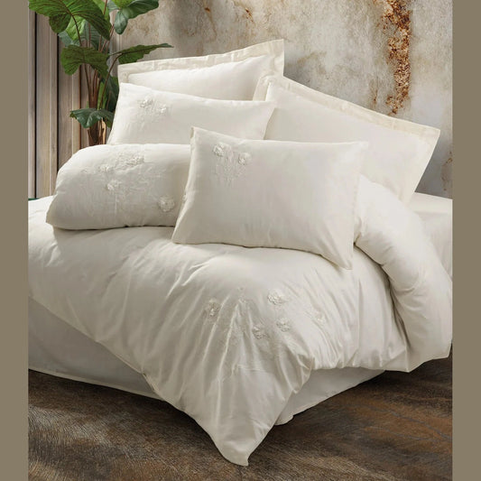 3D Embroidered Satin Double Duvet Cover Set Pure Ecru