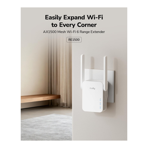 Cudy RE1500 AX1500 WiFi 6 Range Extender Dual Band 2.4G 5G Wireless Booster with Mesh Support WPS Button 10/100Mbps Ethernet Port Works with Any Router