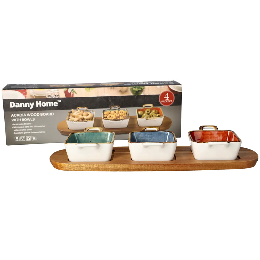 Danny Home Acacia Wood Board With 3-Pcs Sauce Bowls