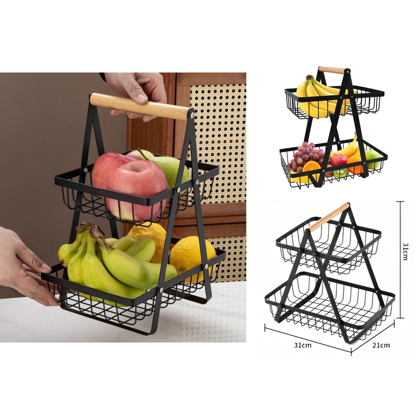 Black Iron 2 Tiers Fruit Basket with Wooden Handle