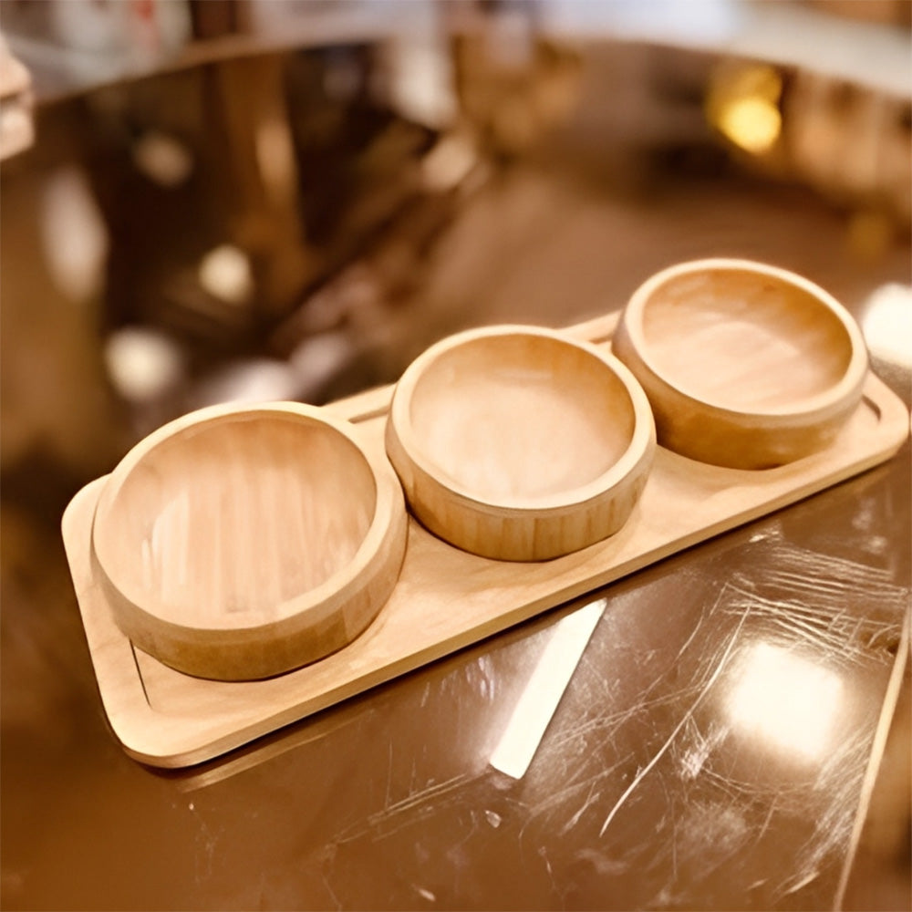 Bamboo 3 bowls and 1 serving tray Round
