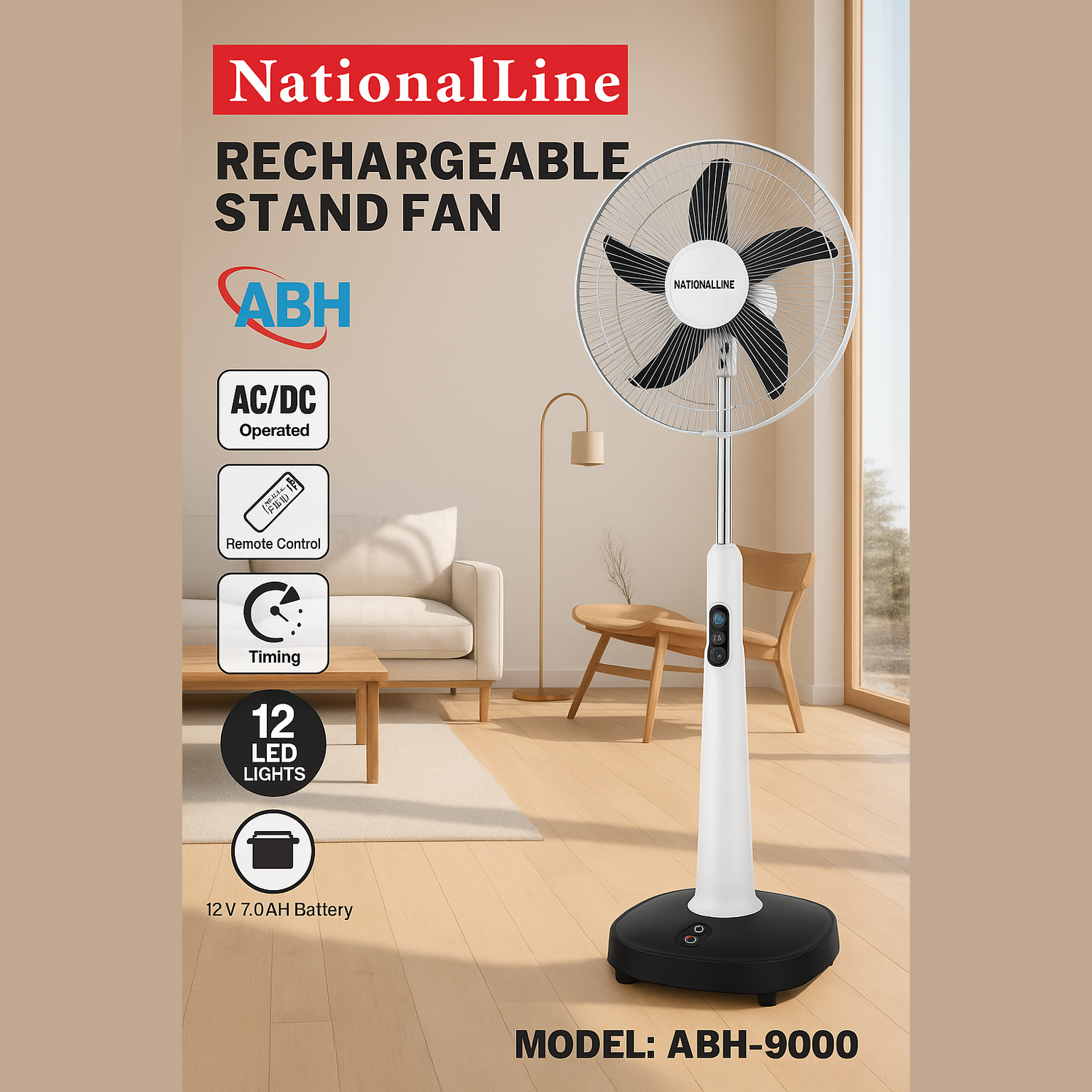 NationalLine Rechargeable Stand Fan – ABH-9000