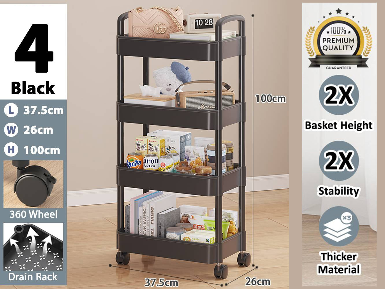 Plastic Rectangular Rack Trolley 4 Tiers