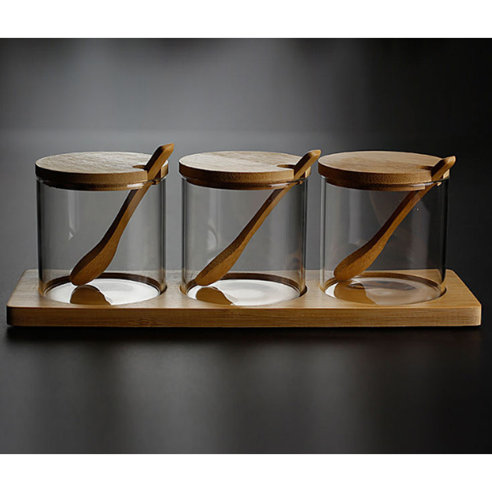 3-Pieces Set Storage Jar With Wood Lid & Tray