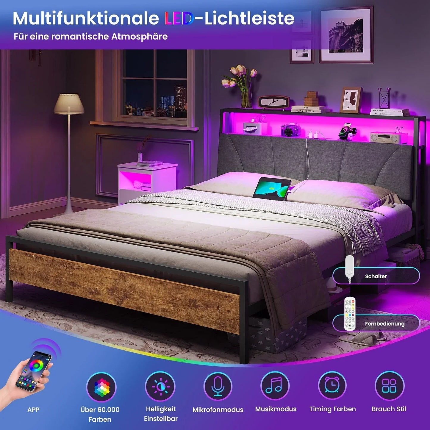 Metal Bed with Charging Function & Linen Headboard