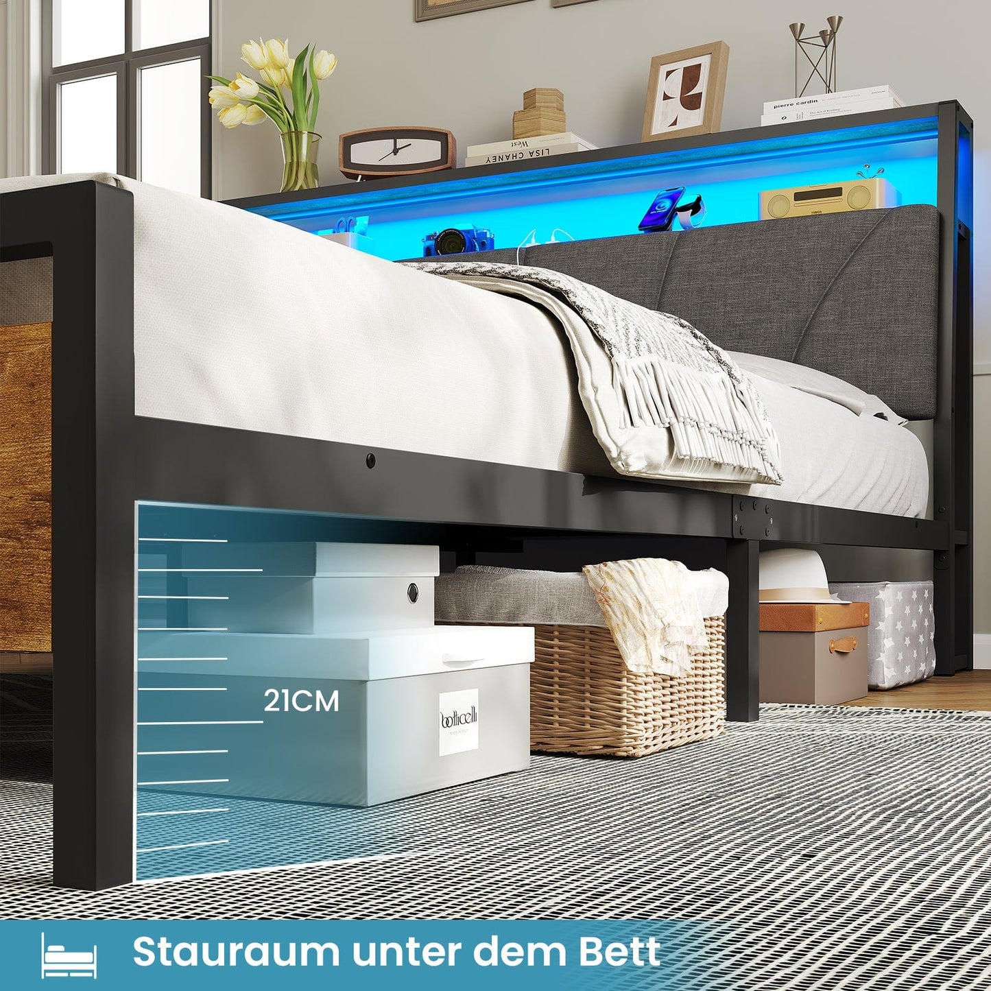 Metal Bed with Charging Function & Linen Headboard