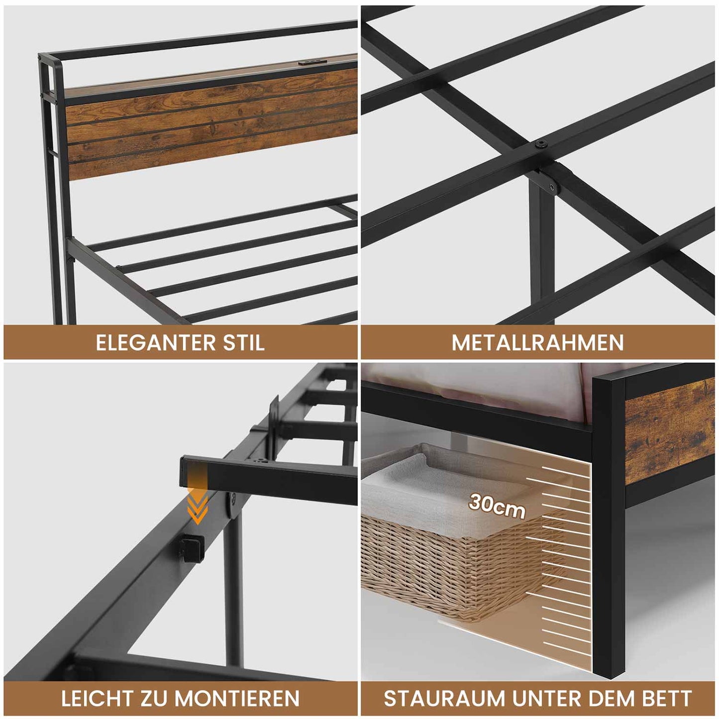 Metal Bed Frame with 3 USB Ports & LED Lighting