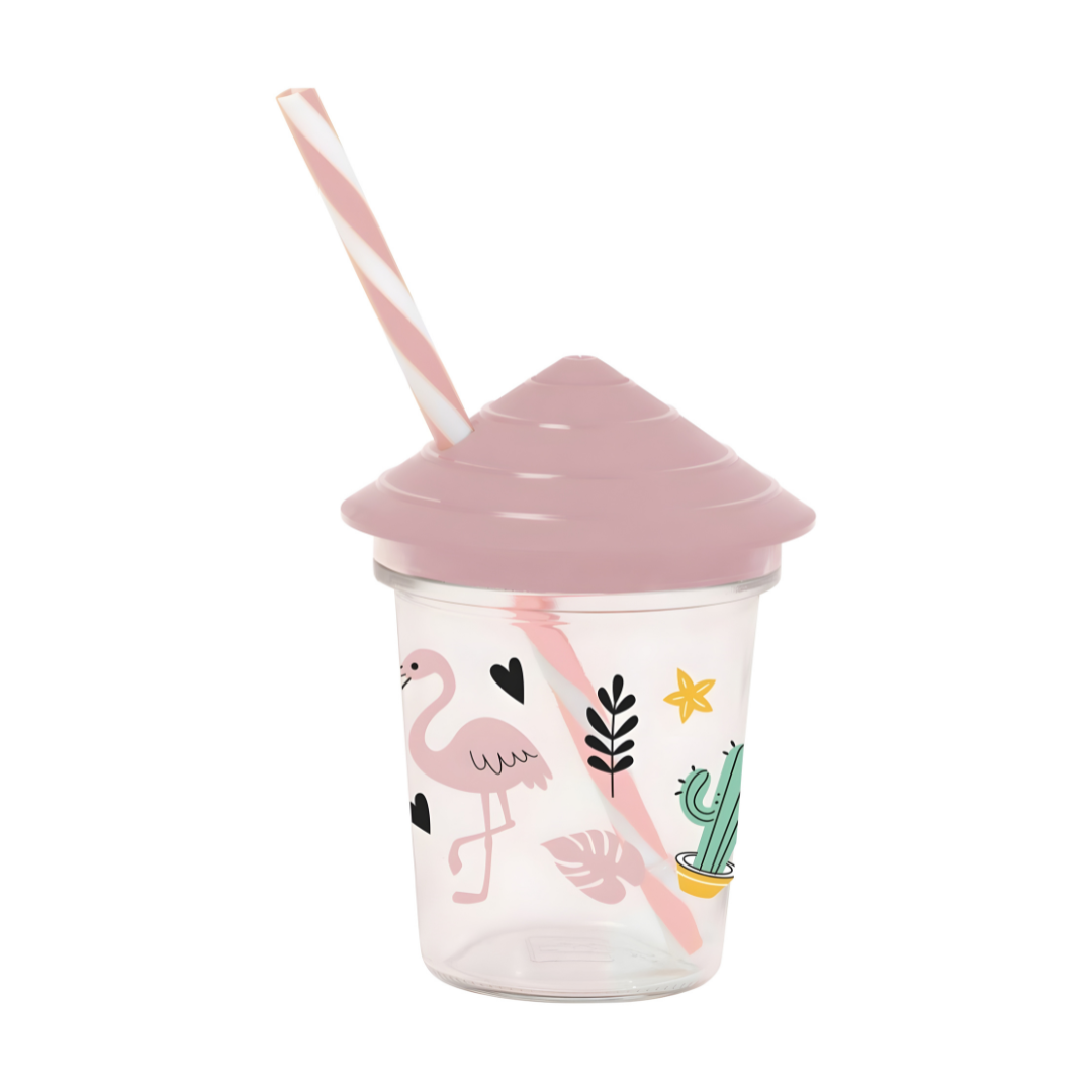 Patterned Glass Cup with Pink Straw – 320ml | Flamingo Edition