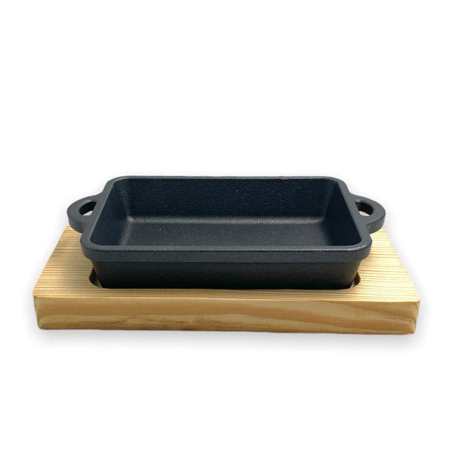 Rectangular Cast Iron Sizzling with wooden base 15 cm