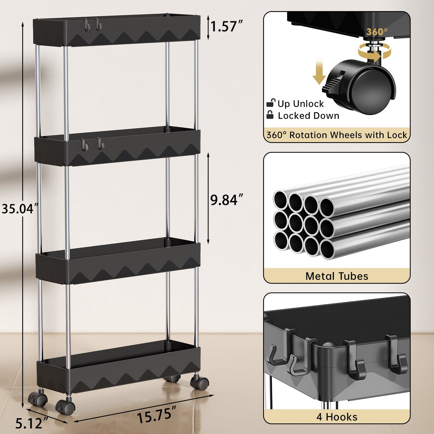 4 Tier Slim Rolling Storage Cart, Bathroom Storage Organizer,