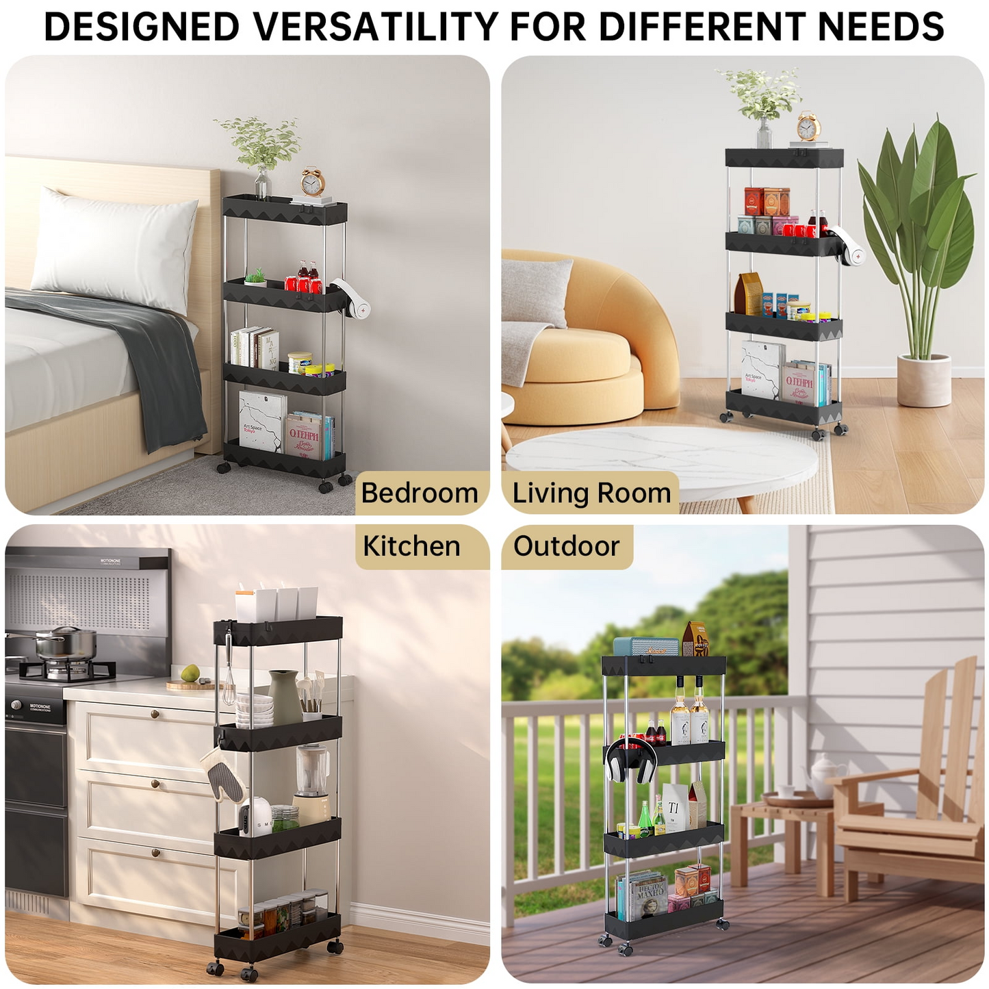 4 Tier Slim Rolling Storage Cart, Bathroom Storage Organizer,