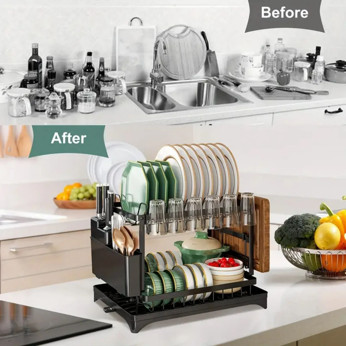 2-Tier Dish Drying Rack – Rustproof Kitchen Dish Drainer