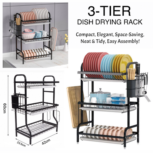 3-Layer Stainless Steel Dish Rack with Detachable Drainboard & Cutlery Holder