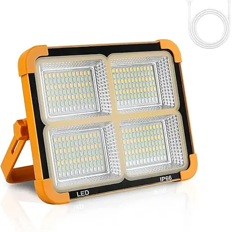 The IP66 rechargeable work light has adjustable LED lighting for outdoor use during camping, emergencies, and car repairs.