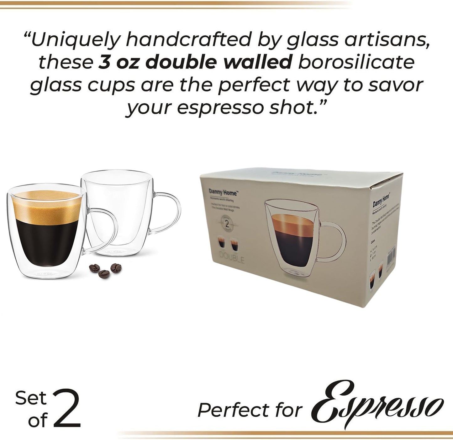 80ml  2-Pcs Danny Home Double Walled Espresso Glasses With Handle Set