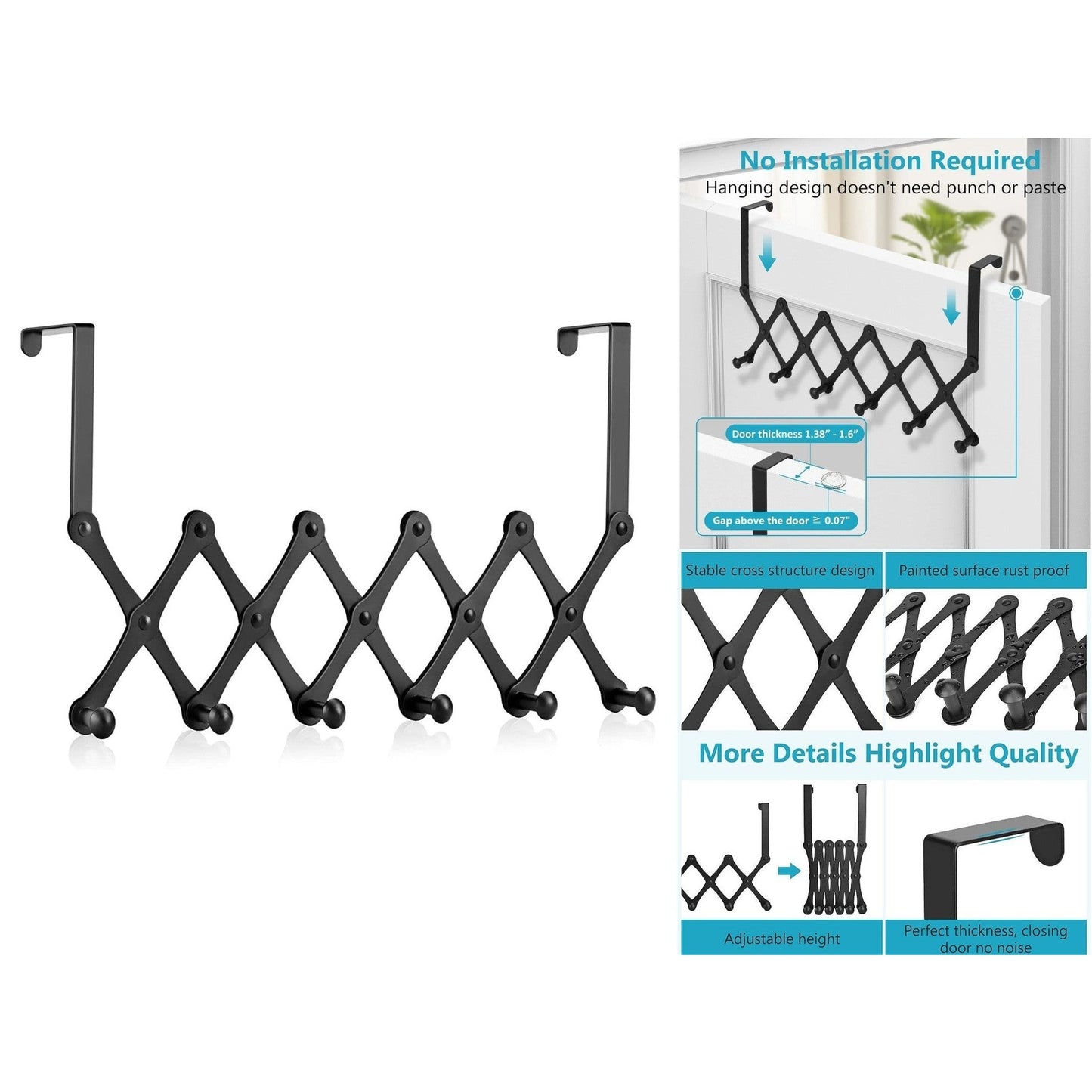 Expandable Black Metallic over the door hanger with 6 ho