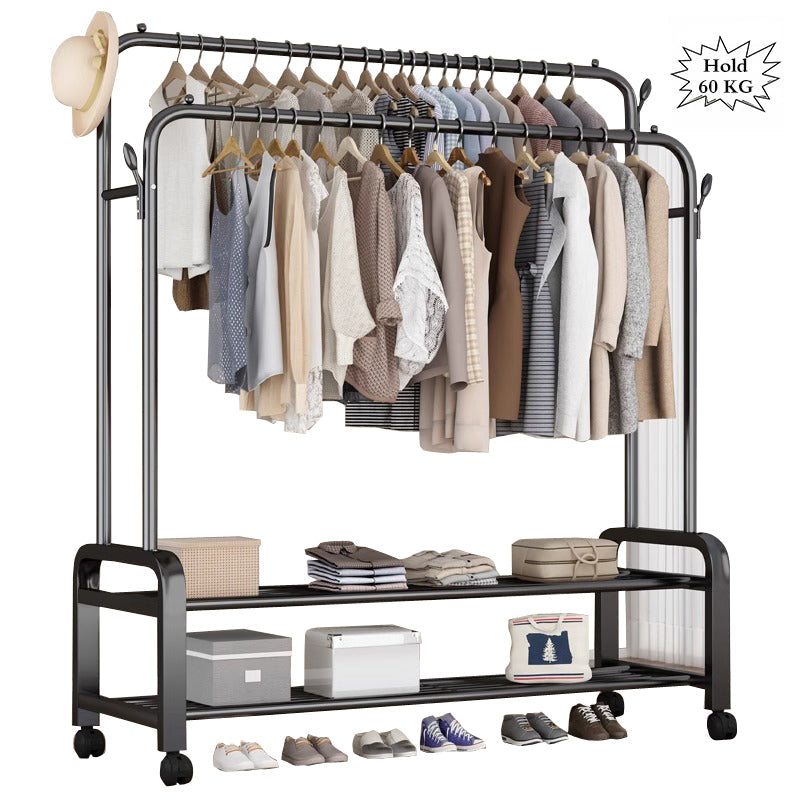 2-in-1 Modern Wheeled Garment Rack with Ample Hanging Space, Shoe Storage Sturdy Hold 60KG (H110 x D57 x W150)cm