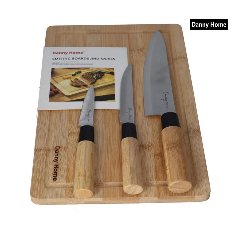 Danny Home 3-Pcs Stainless Steel Multipurpose Knife With Bamboo Cutting Board Set