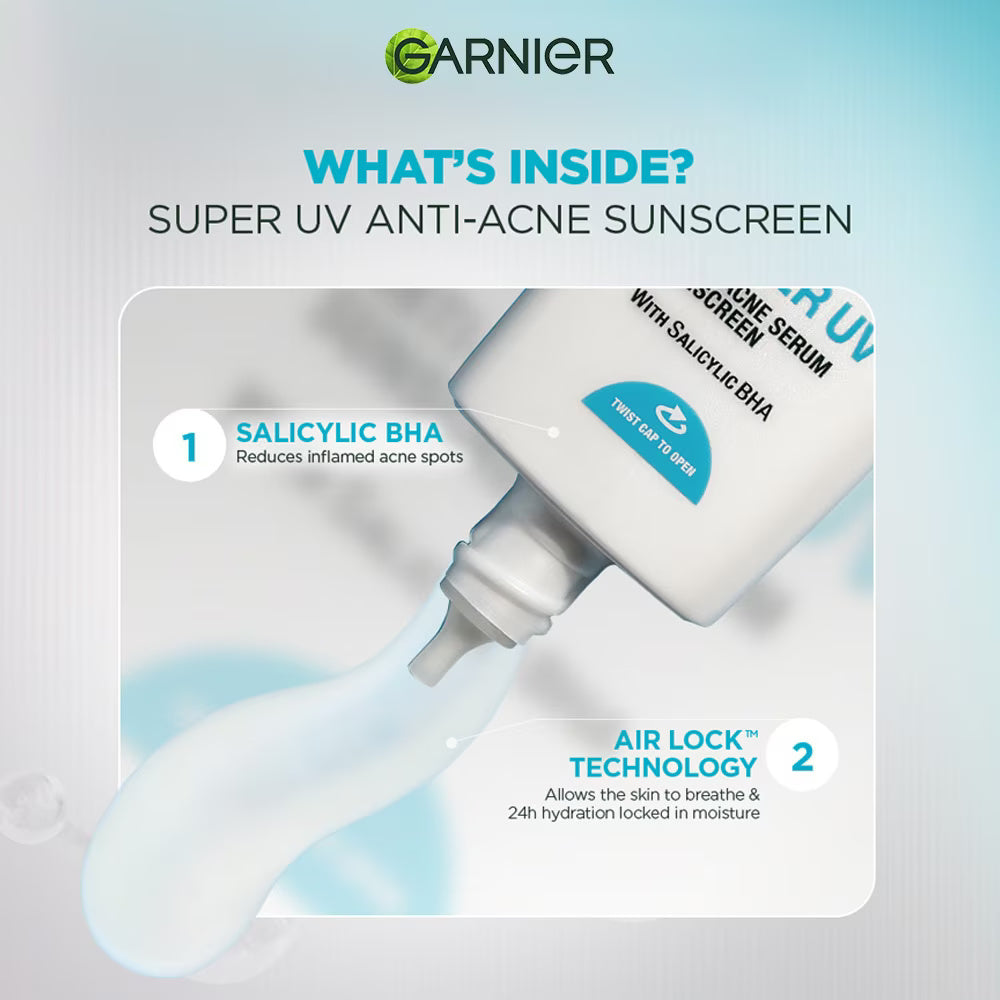 Garnier Super UV Anti-Acne Serum Sunscreen SPF50+ 30ml – Lightweight Daily Protection