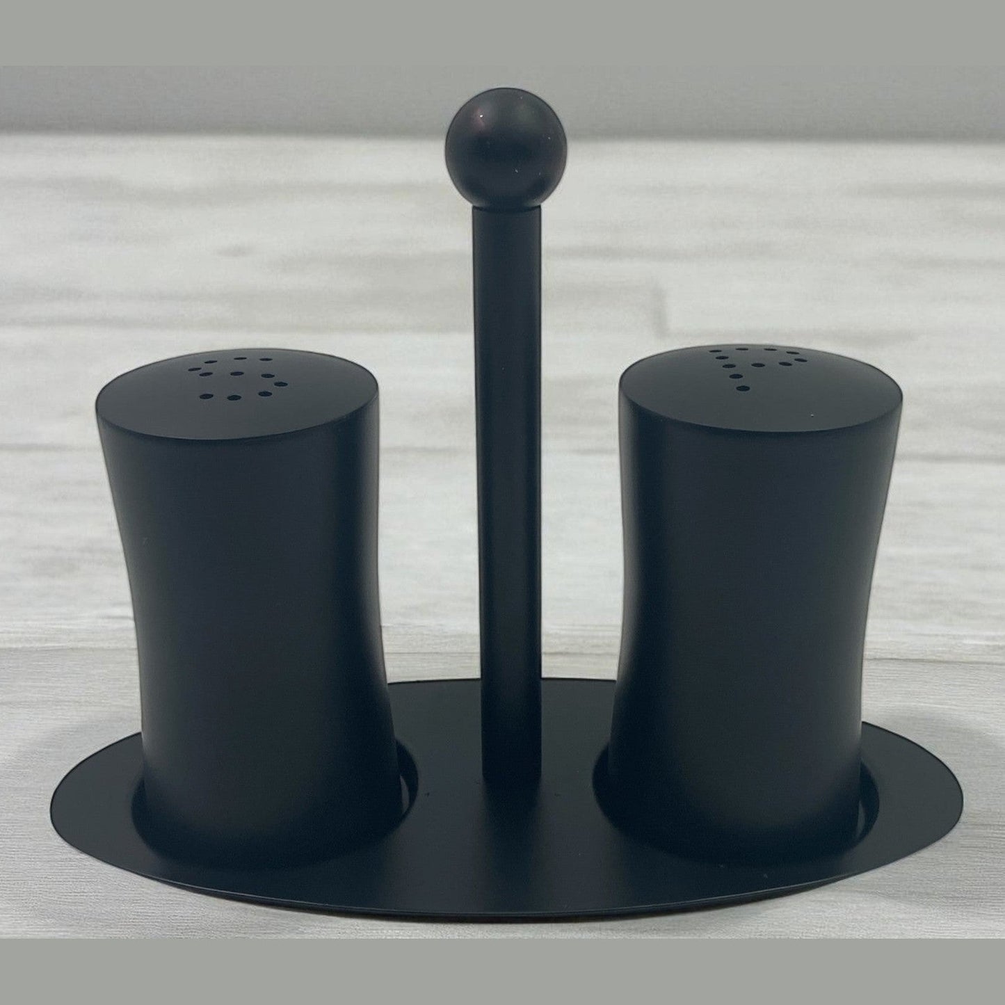Mat Black Stainless Steel Salt and Pepper Set on Stand