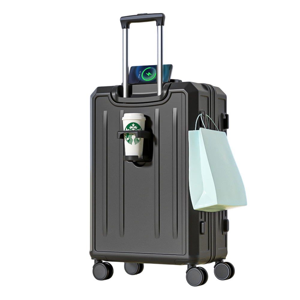 Carry-On Suitcase with USB Charging & Cup Holder (Green)