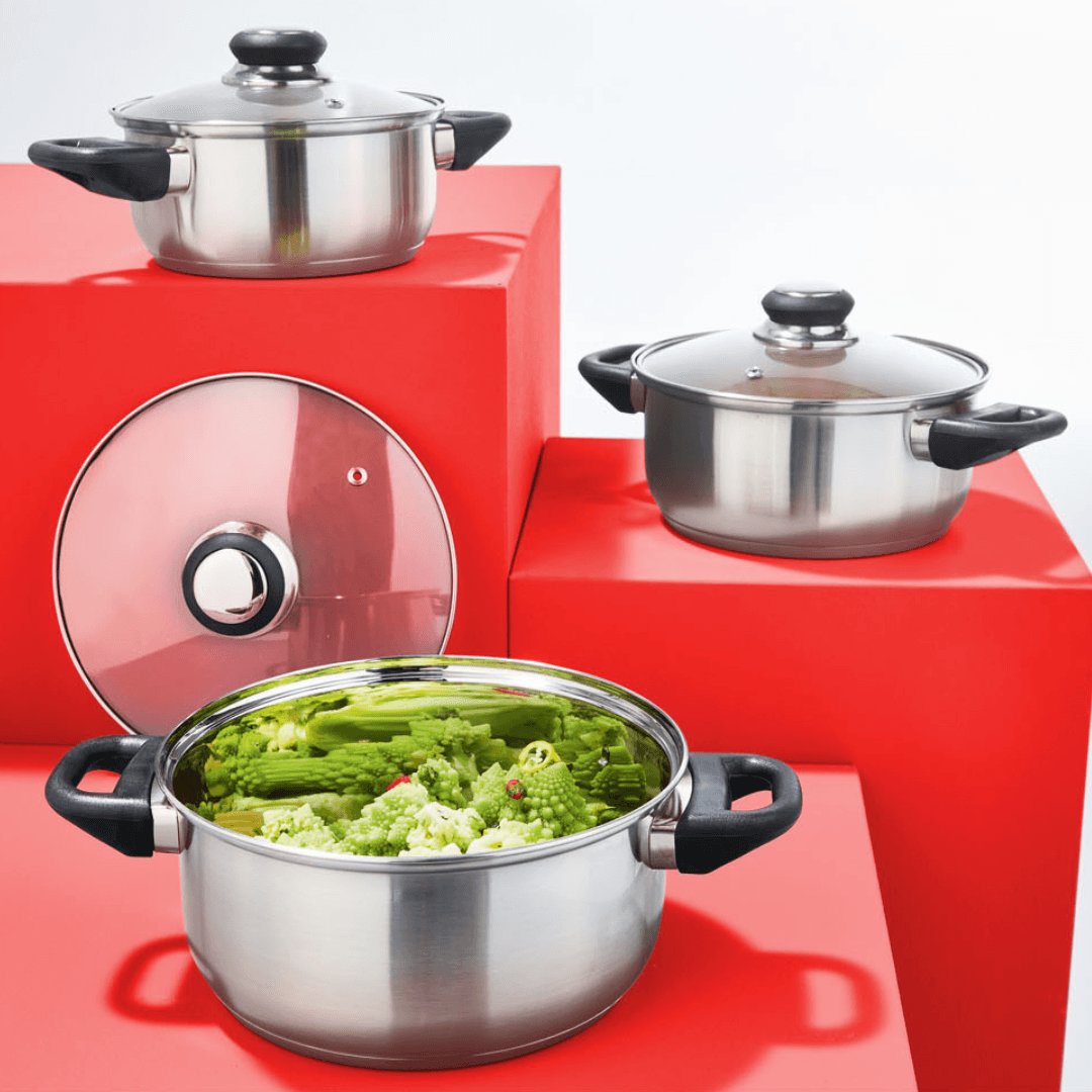 Ernesto Cooking Pots, Set Of 3, Glass Lid With Steam Outlet