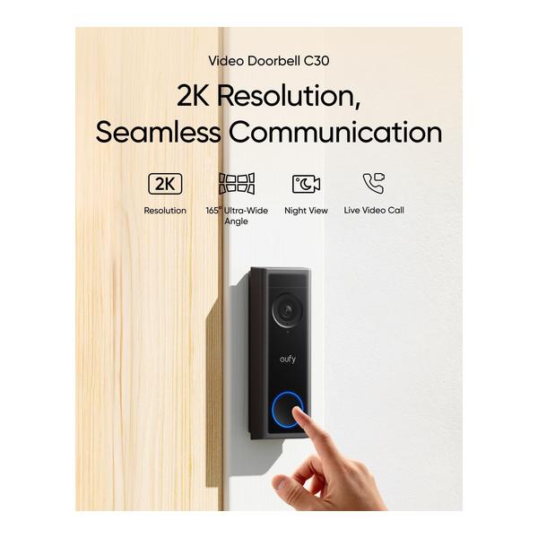 eufy C30 Security Video Doorbell Camera, Battery Powered,2K FHD,165° Ultra-Wide View, Easy Installation, Live Video Call, AI Human Detection for People and Packages, HomeBase 3 Compatible, No Monthly Fee