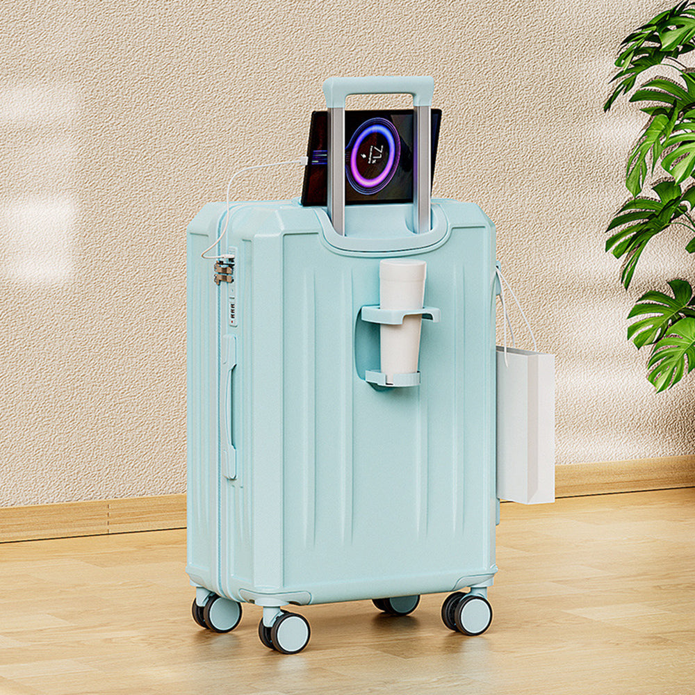 Carry-On Suitcase with USB Charging & Cup Holder (Blue)