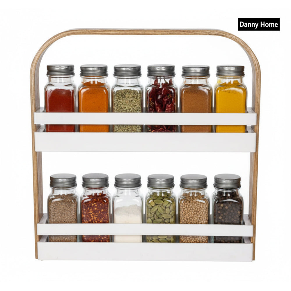 Danny Home 12-Spice Jars With Rack Holder Wooden Handle