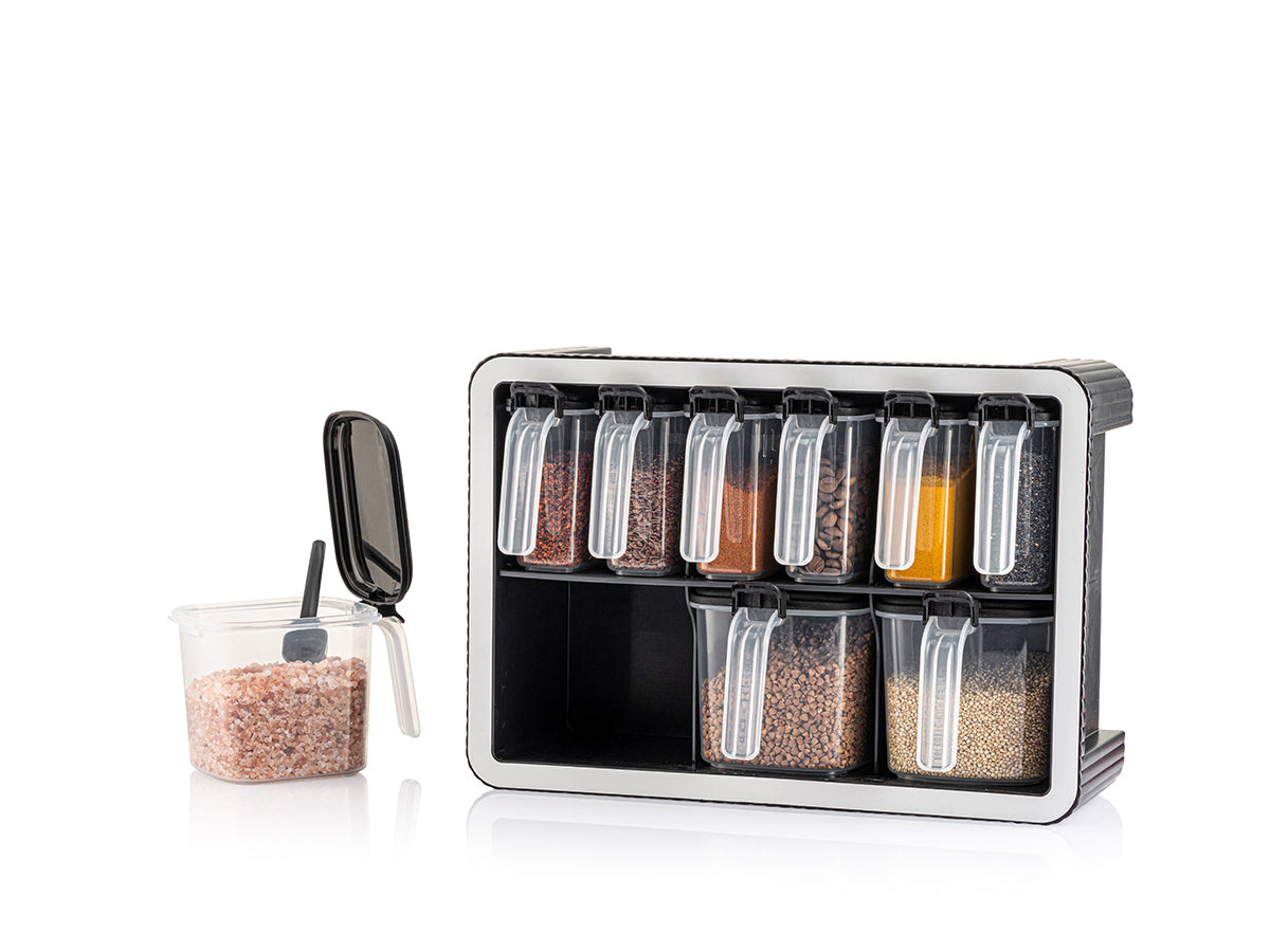 Block Set of 9 spice boxes with spoons on stand