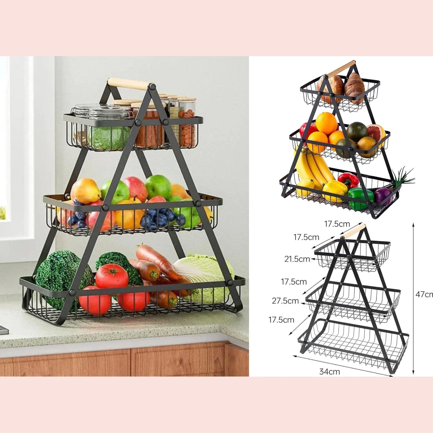 Black Iron 3 Tiers Fruit Basket with Wooden Handle