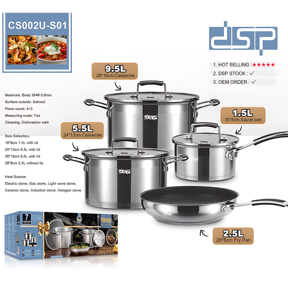 DSP CA002U-S01 Stainless, Die-Casting Non-Stick Casserole Set – 7 Pieces
