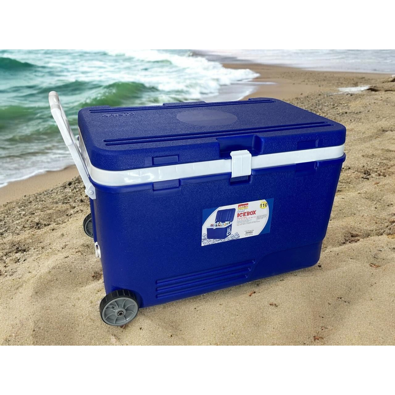 Ice box with wheels, handles and plug; 110lt