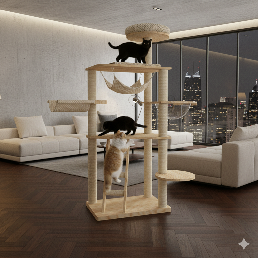 Premium Solid Wood Cat Tree Tower – Multi-Level Luxury Cat Condo with Space Bowl, Hammock & Ladder