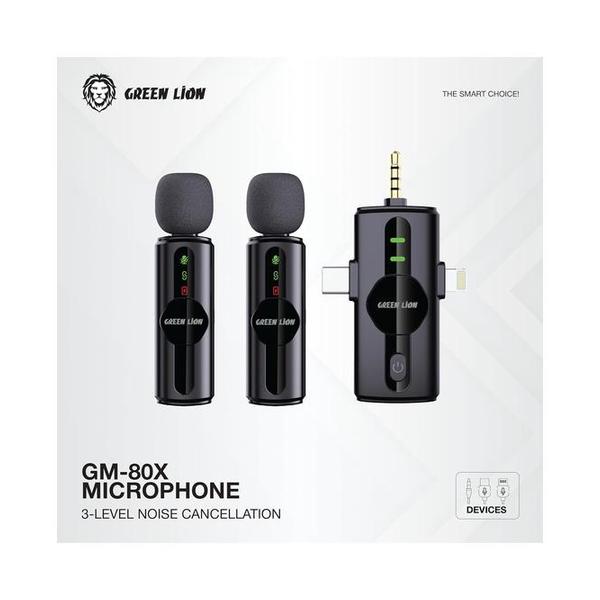 Green Lion GM-80X Dual Microphone 3 In 1, LED Display, 3 Level Noise Cancelation, 20M Transmission Range, 5H Battery Life, 65mAh Mic Battery, Ultra Low Latency, Lightning Head/USB-A/USB-C Supported