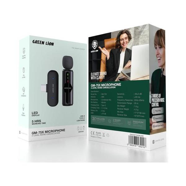 Green Lion GM-80X Dual Microphone 3 In 1, LED Display, 3 Level Noise Cancelation, 20M Transmission Range, 5H Battery Life, 65mAh Mic Battery, Ultra Low Latency, Lightning Head/USB-A/USB-C Supported