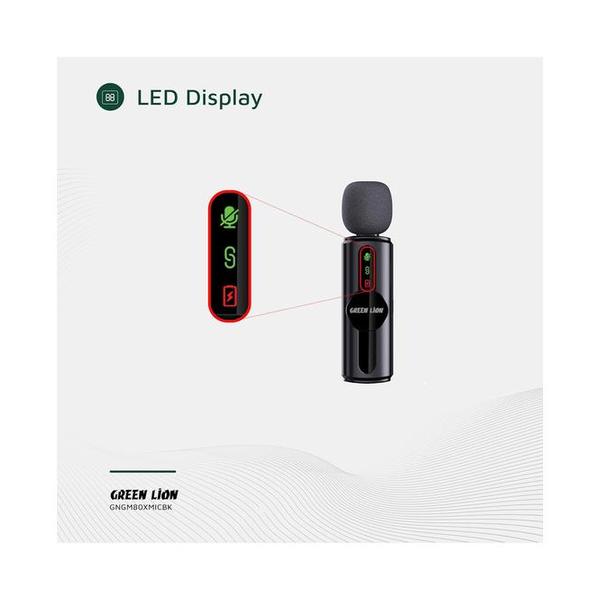 Green Lion GM-80X Dual Microphone 3 In 1, LED Display, 3 Level Noise Cancelation, 20M Transmission Range, 5H Battery Life, 65mAh Mic Battery, Ultra Low Latency, Lightning Head/USB-A/USB-C Supported