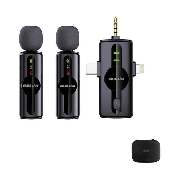 Green Lion GM-80X Dual Microphone 3 In 1, LED Display, 3 Level Noise Cancelation, 20M Transmission Range, 5H Battery Life, 65mAh Mic Battery, Ultra Low Latency, Lightning Head/USB-A/USB-C Supported
