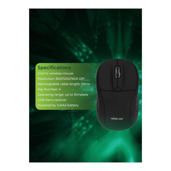 Green Lion G200 Wireless Mouse, 1600 DPI Resolution, 10M operating Rang, USB Nano Reciver, 4 Key Number, 1xAAA Battery, 30cm Rechargeable Cable, Compatible with Mac, Windows and Android