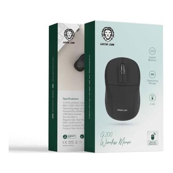 Green Lion G200 Wireless Mouse, 1600 DPI Resolution, 10M operating Rang, USB Nano Reciver, 4 Key Number, 1xAAA Battery, 30cm Rechargeable Cable, Compatible with Mac, Windows and Android