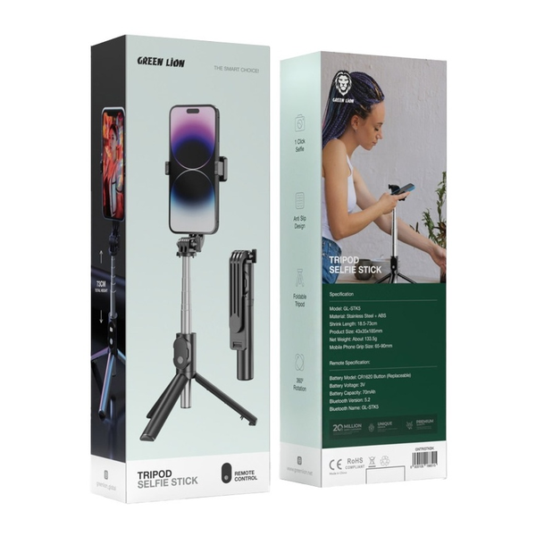 Green Lion Tripod Selfie Stick, 1 Click Selfie, Anti Slip Design, Foldable Tripod 360° Rotation, With Remote Control, Bluetooth, GL-STK5, GNTRISTKB