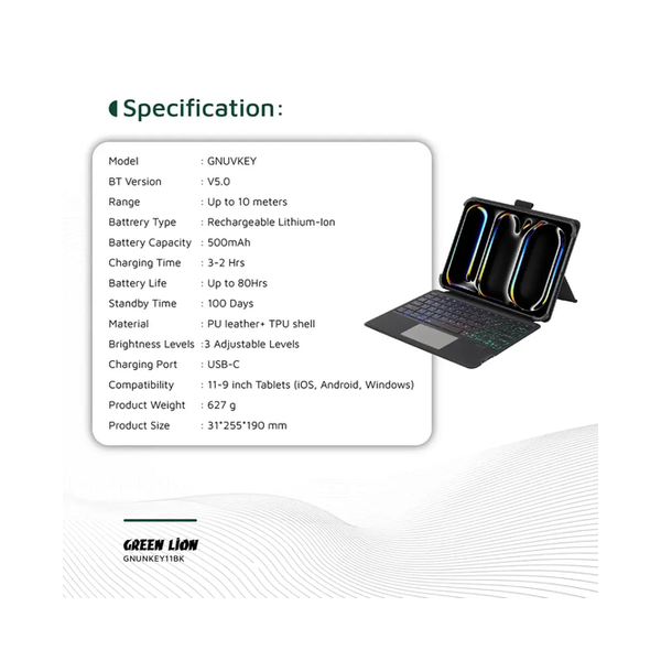 Green Lion Universal Smart Keyboard Case 9 to 11 Inches (Arabic & English)