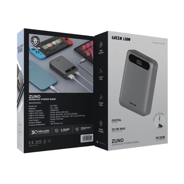Green Lion Zuno 20000mAh Power Bank with Digital Display, GNZUN20PBGY