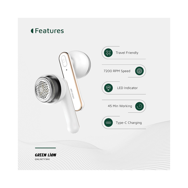 Green Lion Lint Y Lint Remover, For All Fabrics, 6-Blade Motor, 500mAh Battery,1Gear Speed, 45min Working Time, 2Hrs Charging Time,30Ml Lint Bin, LED Display, Safety Protection, Travel Friendly, GNLINTYWH