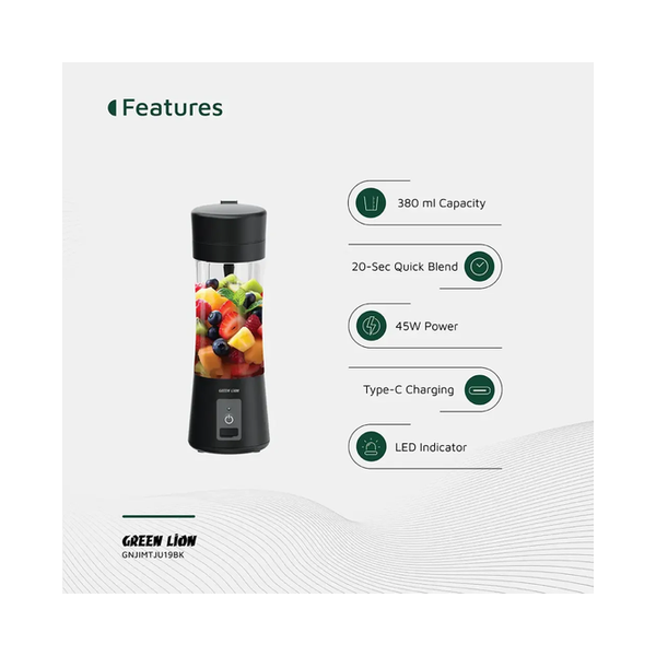 Green Lion Juice Mate Portable Juicer 380mL, 45W Power, 18000 RPM Motor, 20-SEC Quick Blend, GL-JU19, GNJIMTJU19BK