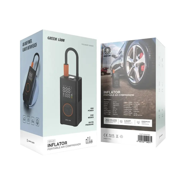 Green Lion GTI-01 Inflator Portable Air Compressor, 50W Power, Five Modes, 150 PSI Pressure, GNTYIRNFBK