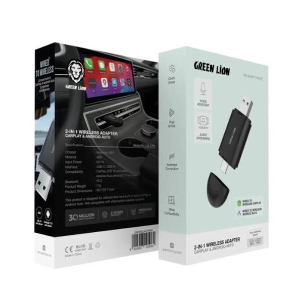 Green Lion 2-In-1 Wireless Adapter CarPlay & Android Auto, Wired to Wireless CarPlay, Wired to Wireless Android Auto